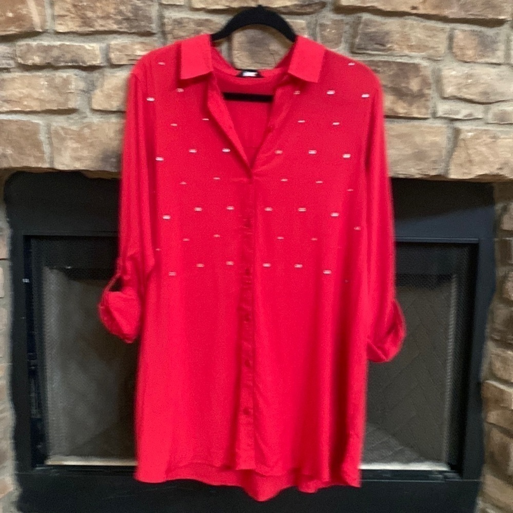 NWT intro. High-low Red blouse with embellishments. Size 1X.